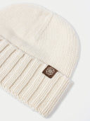 close up of a white knit beanie #color_off-white