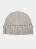 Gray knit beanie with a brand logo on a light gray background #color_high-rise