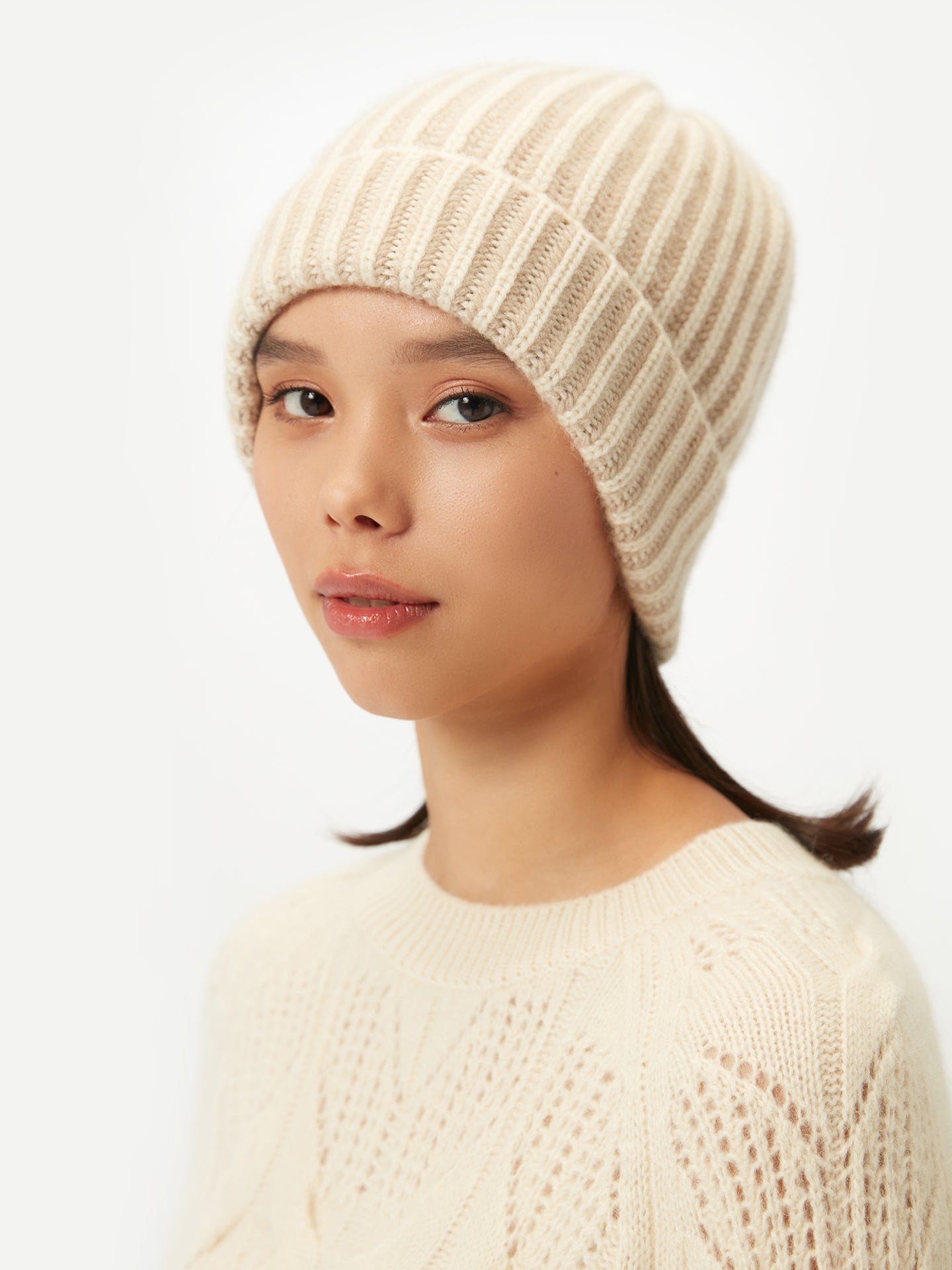 Unisex Organic Colour Two-Tone Cashmere Hat Off White - Gobi Cashmere