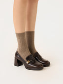 side view of taupe colored ribbed socks with high heels on a white background #color_taupe