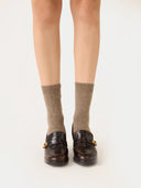 close up front view of brown socks with heels on a white background #color_taupe