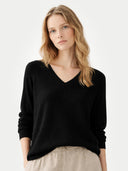 close up of a woman wearing a black sweater on a white background #color_black