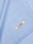 Close-up of a light blue fabric with a 'Gobi' label.