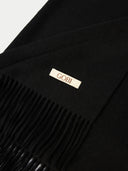 close up of a black scarf with a gold 'Gobi' label on a white background #color_black