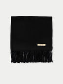 Black scarf with fringes and a "GOBI" brand logo on a white background #color_black