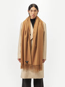 Person wearing a brown scarf and beige coat on a white background  #color_almond