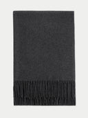Dark gray scarf with fringed edge on a white background.