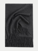 Dark gray scarf with fringes on a light gray background.