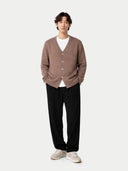 front view of a man wearing a brown v-neck cardigan with buttons over a white shirt with black pants on a white background #color_taupe