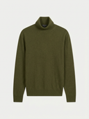 An olive green knit turtleneck sweater displayed flat against a light gray background.