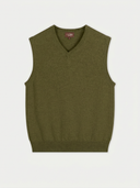An olive green knit sweater vest with a V-neck and ribbed trim, displayed flat against a light gray background.