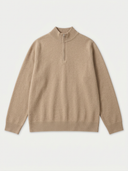 A black long-sleeve quarter-zip mock neck sweater, laid flat against a light gray background.