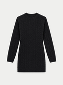 A black long-sleeve cable-knit sweater dress with a crew neck, shown against a plain white background.
