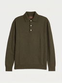 An olive green long-sleeve knit polo shirt with a three-button placket, displayed flat against a light gray background. The brand name 'GOBI' is visible on the inner neck label.