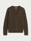 A dark brown V-neck knit sweater with long sleeves, shown flat against a light gray background. The brand label 'GORI' is visible inside the collar.