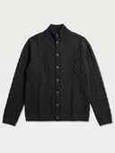 A black cable-knit cardigan sweater with a mock neck and button-up front, displayed flat against a light gray background.