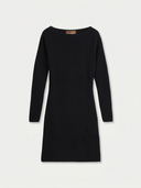 A black long-sleeve knit dress with a wide boat neckline, displayed flat against a light gray background.