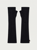 A pair of black ribbed knit fingerless arm warmers laid flat on a light gray background.