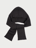 A dark charcoal gray ribbed knit hooded scarf with a long tail, displayed against a light gray background.