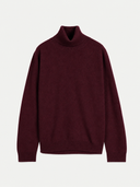 A dark burgundy knit turtleneck sweater displayed flat against a light gray background.