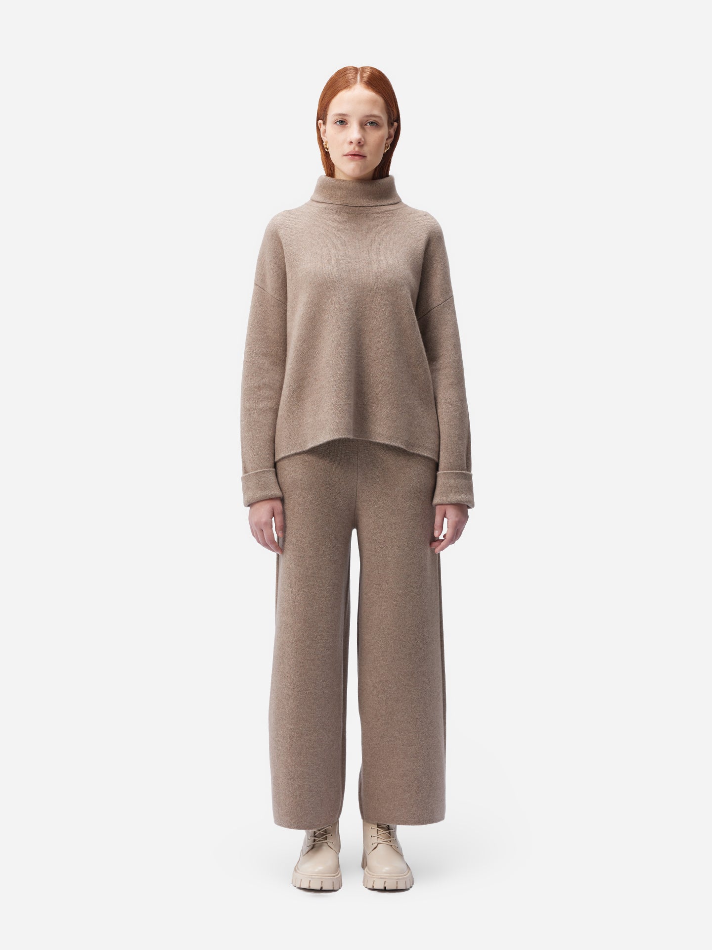 Women's Cashmere Roll-Neck Sweater Taupe - Gobi Cashmere