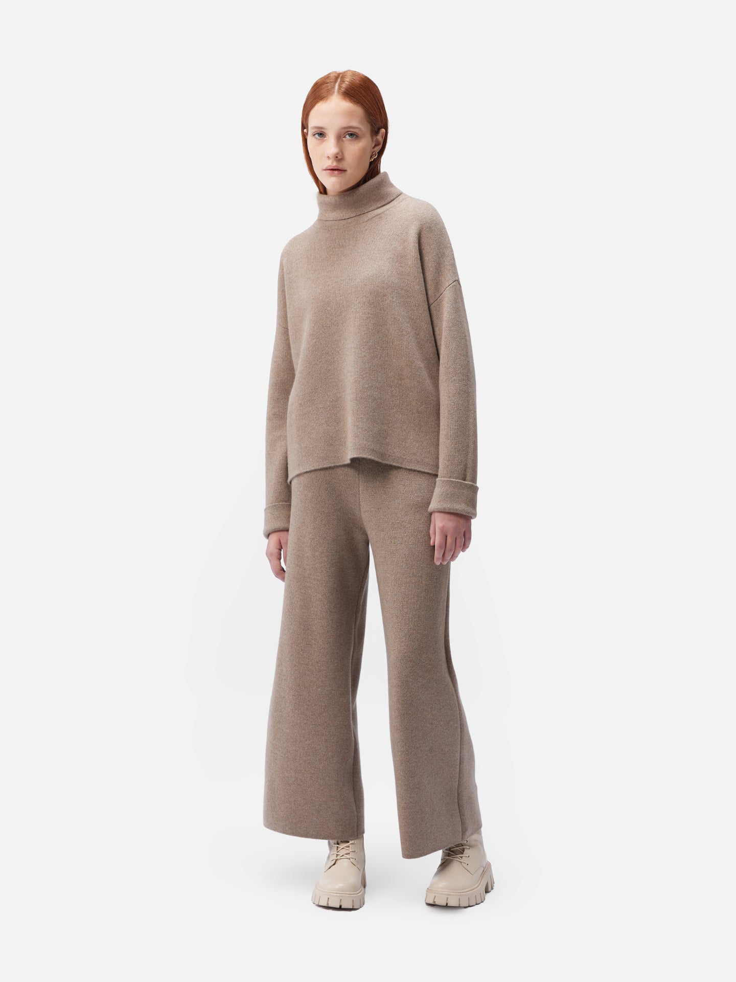 Women's Cashmere Roll-Neck Sweater Taupe - Gobi Cashmere