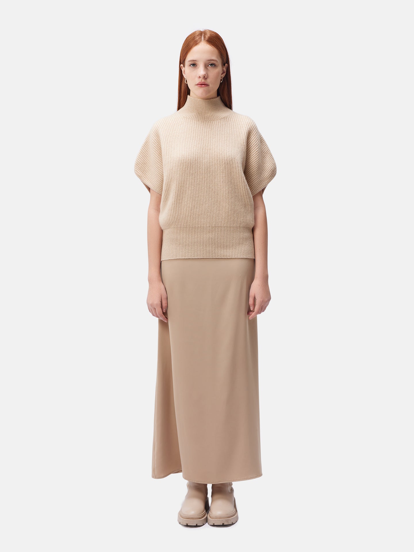 Women's Cashmere Short-Sleeve Turtleneck Beige - Gobi Cashmere