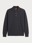 A dark charcoal gray knit polo sweater with a three-button placket, displayed flat against a light off-white background. The brand name 'GOBI' is visible on the inner neck label.