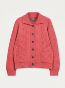 Bright Red cashmere cable-knit cardigan with pointelle cables, cutaway collar, six dark buttons and patch pockets, flat lay front view