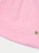 Pink knit beanie with a brand label on a white background.