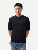 Man wearing a black cashmere t-shirt and jeans on a white background  #color_blue-graphite