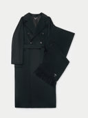 flat lay of a black double breasted coat and a scarf with fringes. #color_black