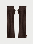 A pair of dark brown ribbed knit fingerless gloves laid flat on a light gray background.