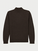 A dark brown knit mock neck sweater displayed flat against a light gray background.