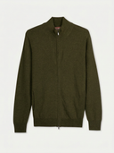 An olive green knit zip-up sweater with a mock neck collar, displayed flat against a light off-white background.