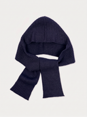 A dark charcoal gray ribbed knit hooded scarf with a long tail, displayed against a light gray background.