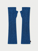 A pair of ribbed blue fingerless knit arm warmers laid flat on a light gray background.
