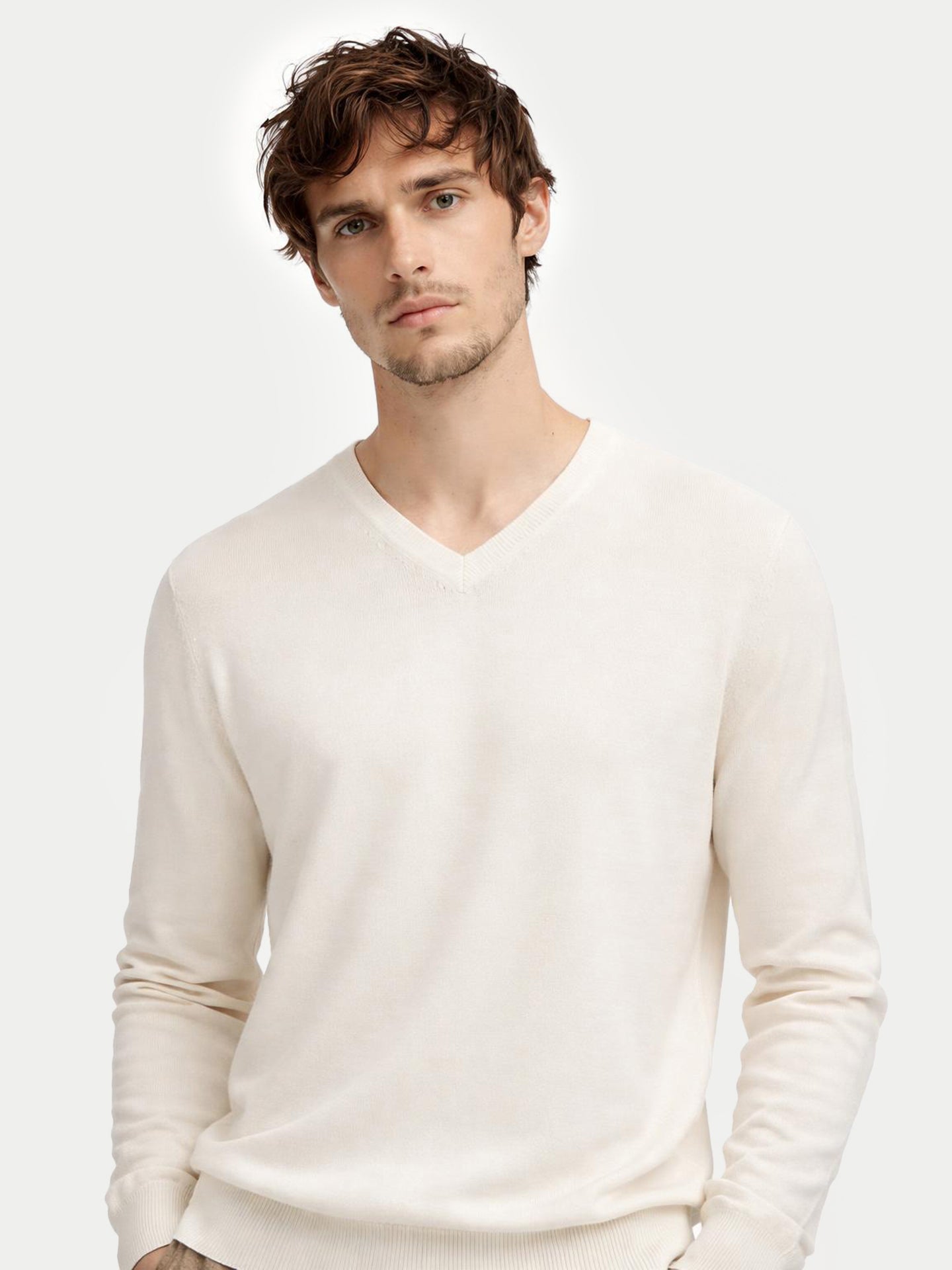 Men's V-Neck Cashmere Sweater Off-White | GOBI US