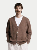 Man wearing a brown cardigan over a white shirt on a plain background #color_cocoa