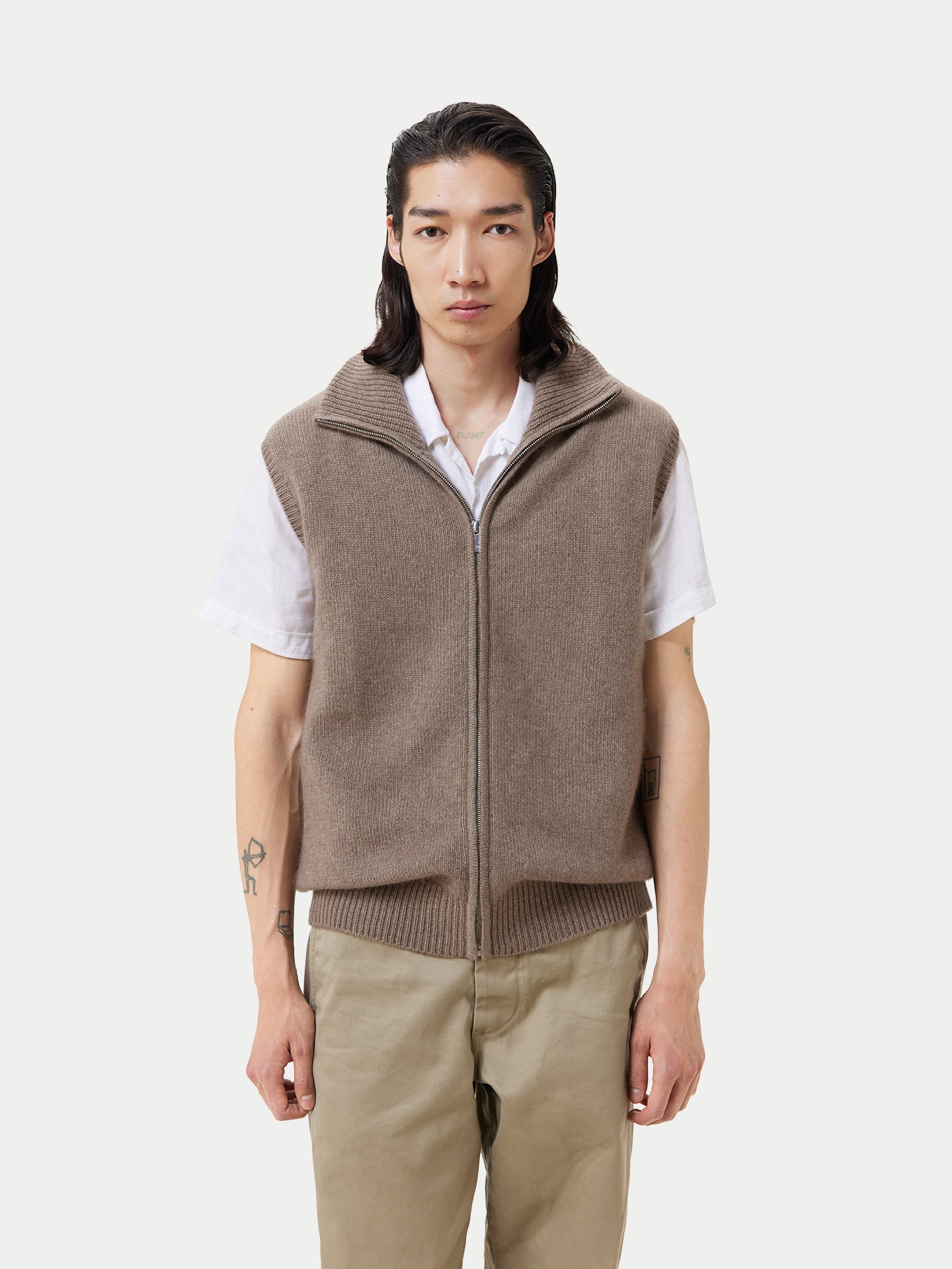 Men's Organic Cashmere Full-Zipper Vest Taupe - Gobi Cashmere