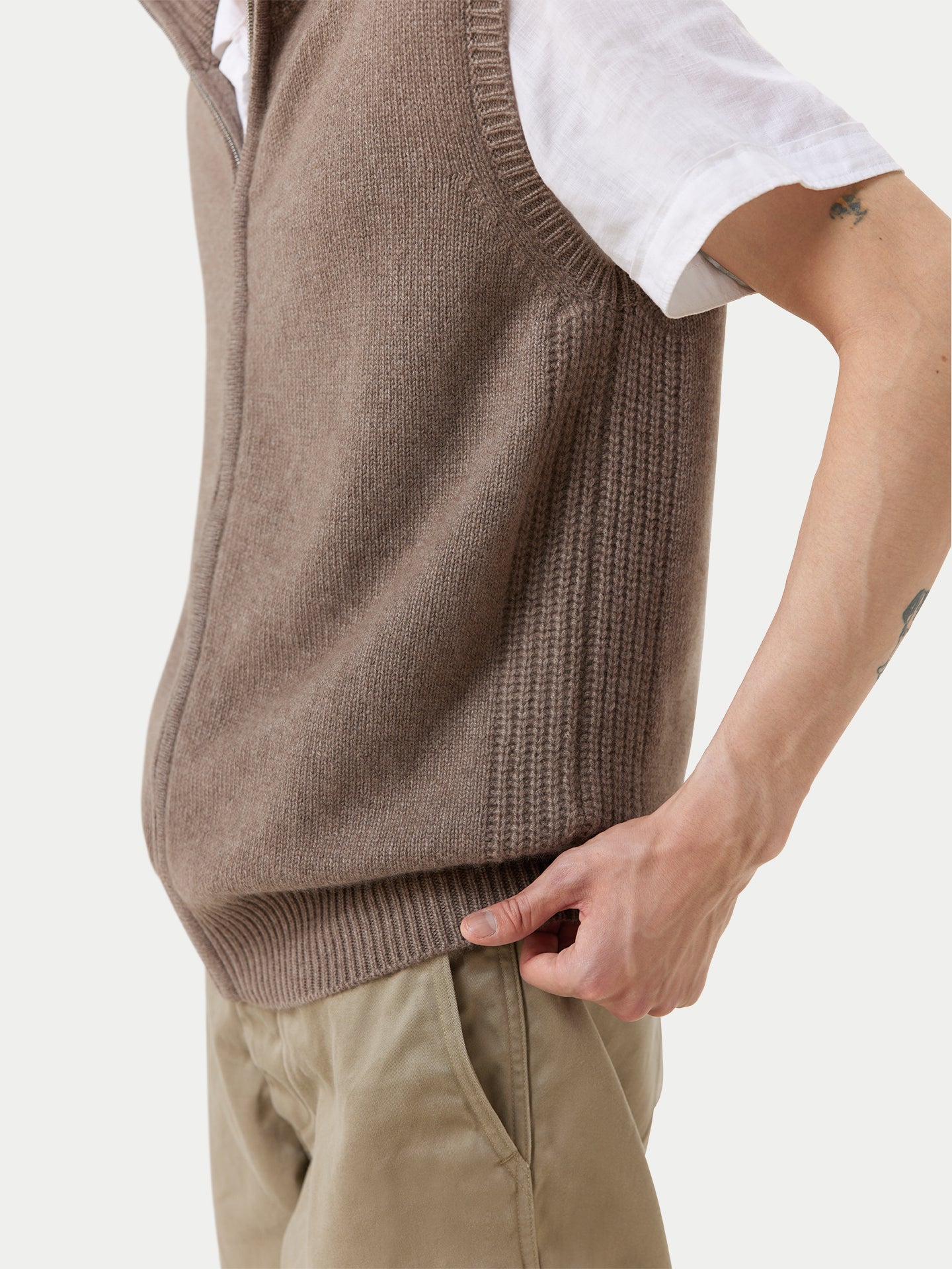 Men's Organic Cashmere Full-Zipper Vest Taupe - Gobi Cashmere