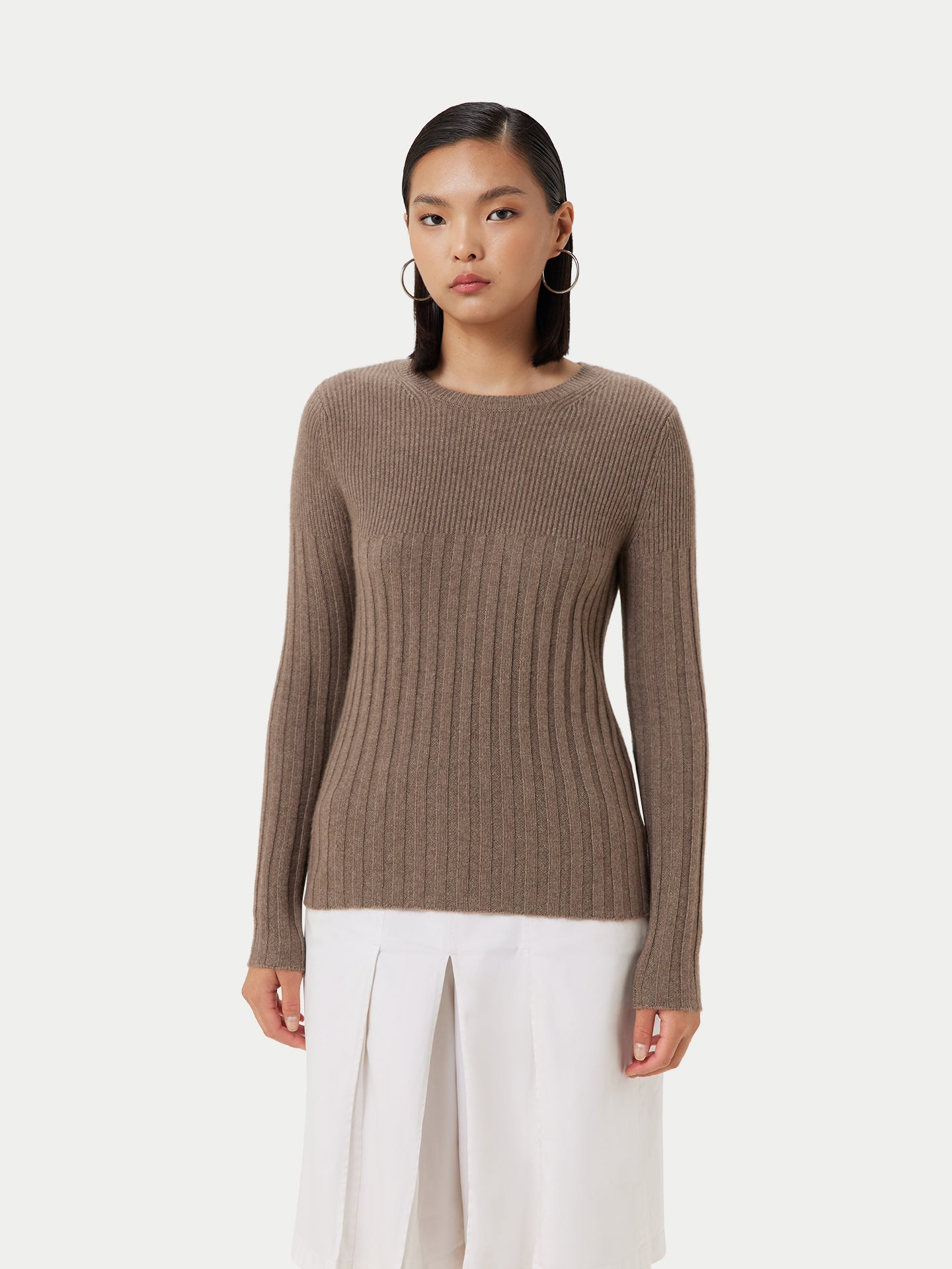 Women's Organic Rib-Knit Cashmere Crew Neck Sweater Taupe - Gobi Cashmere