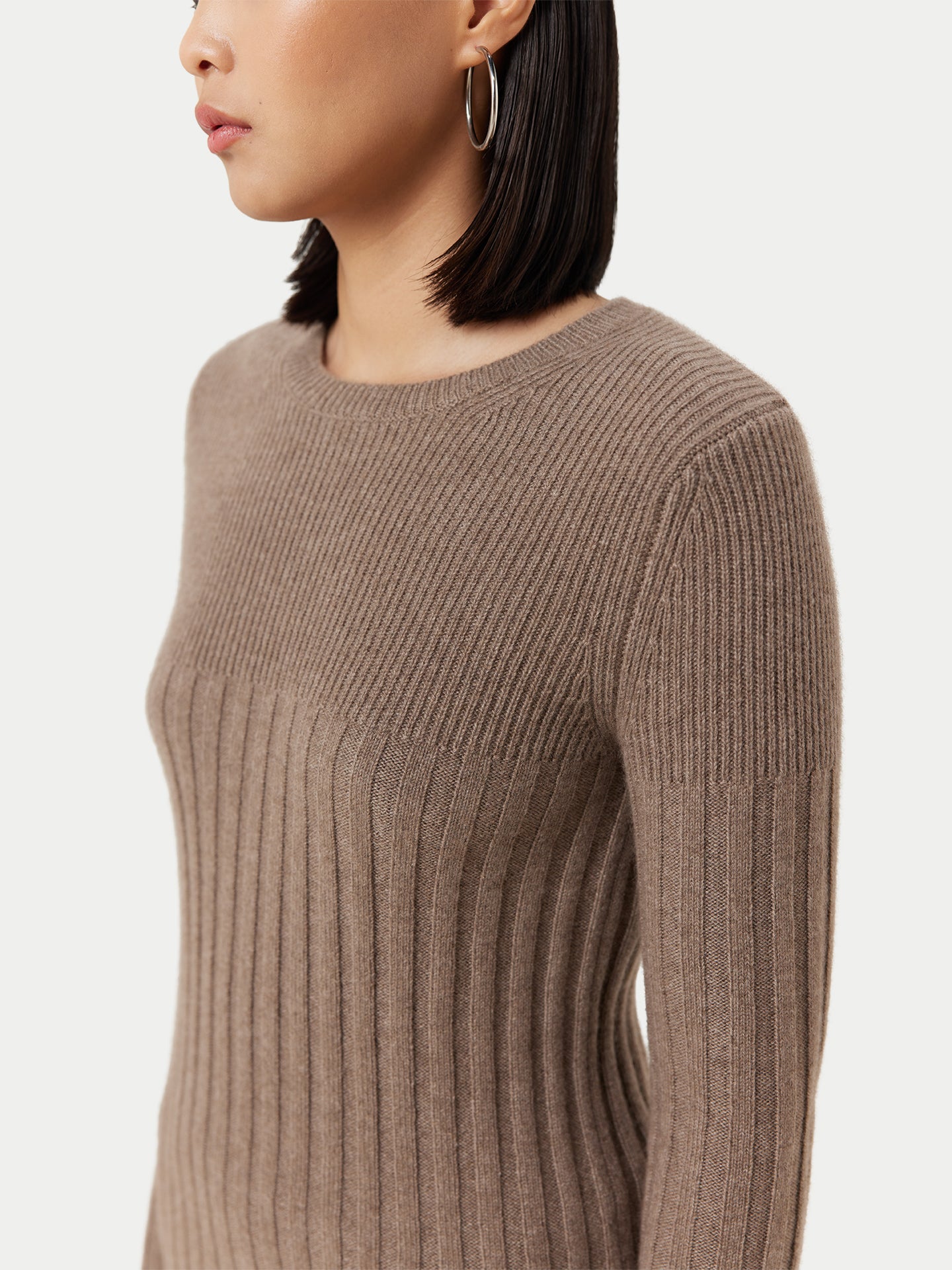 Women's Organic Rib-Knit Cashmere Crew Neck Sweater Taupe - Gobi Cashmere