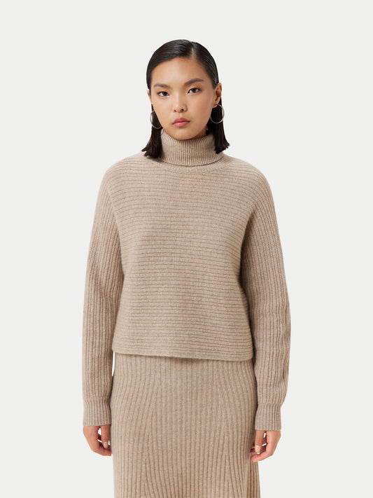 Women's Organic Cashmere Cropped T-Neck Sweater Taupe - Gobi Cashmere