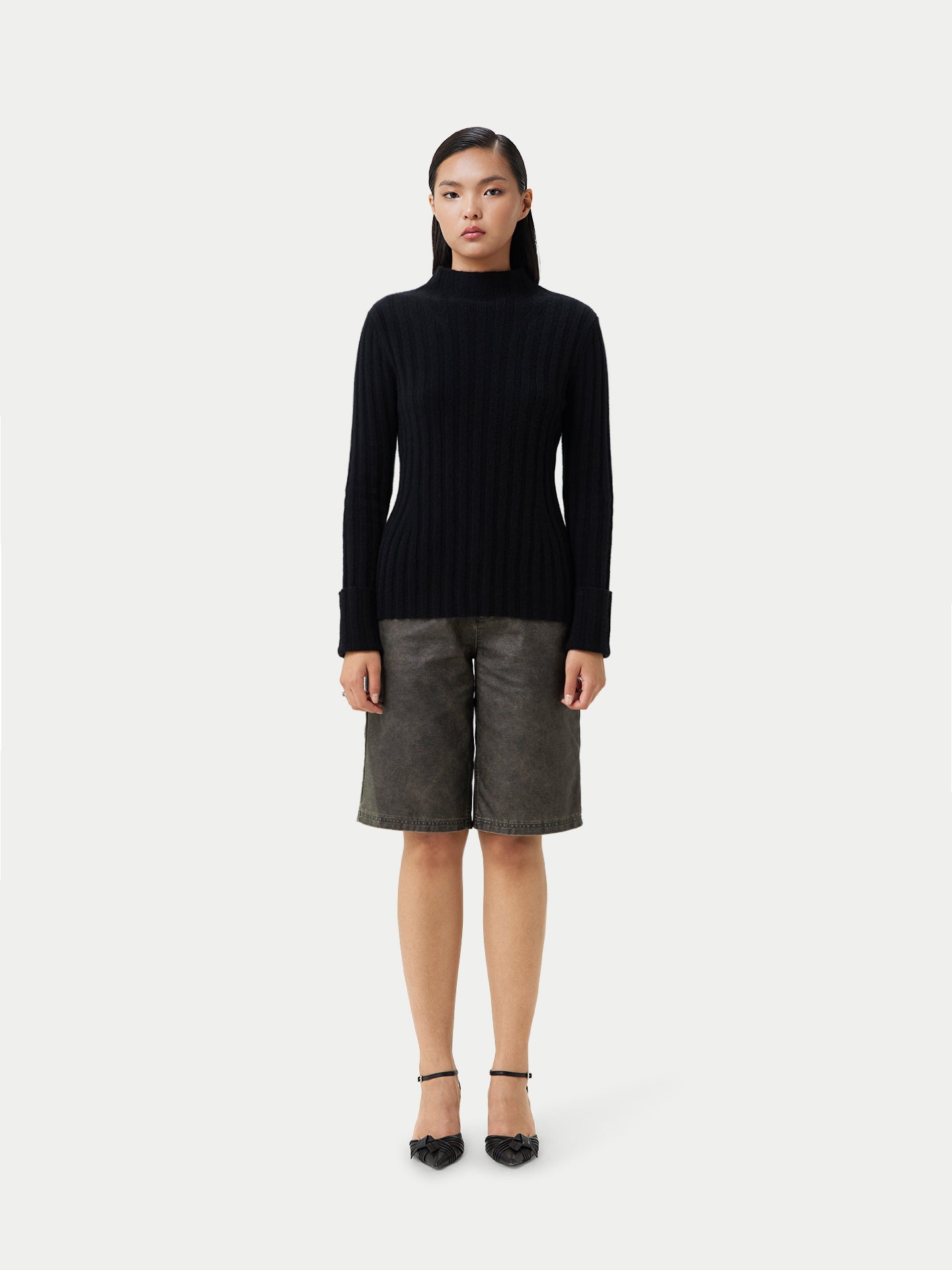 Women's Cashmere Turn-Up Cuffs Sweater Black - Gobi Cashmere