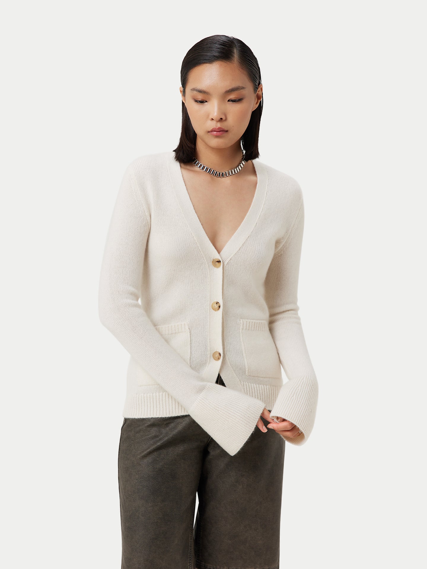 Women's Buttoned Cashmere V-Neck Cardigan White - Gobi Cashmere