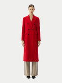 front view of a red cashmere peak lapel long coat with double-breasted design and a V-neck collar.  #color_red