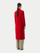 back view of a red cashmere peak lapel long coat with double-breasted design.  #color_red