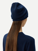 back view of a navy beanie and sweater on a light gray background #color_navy
