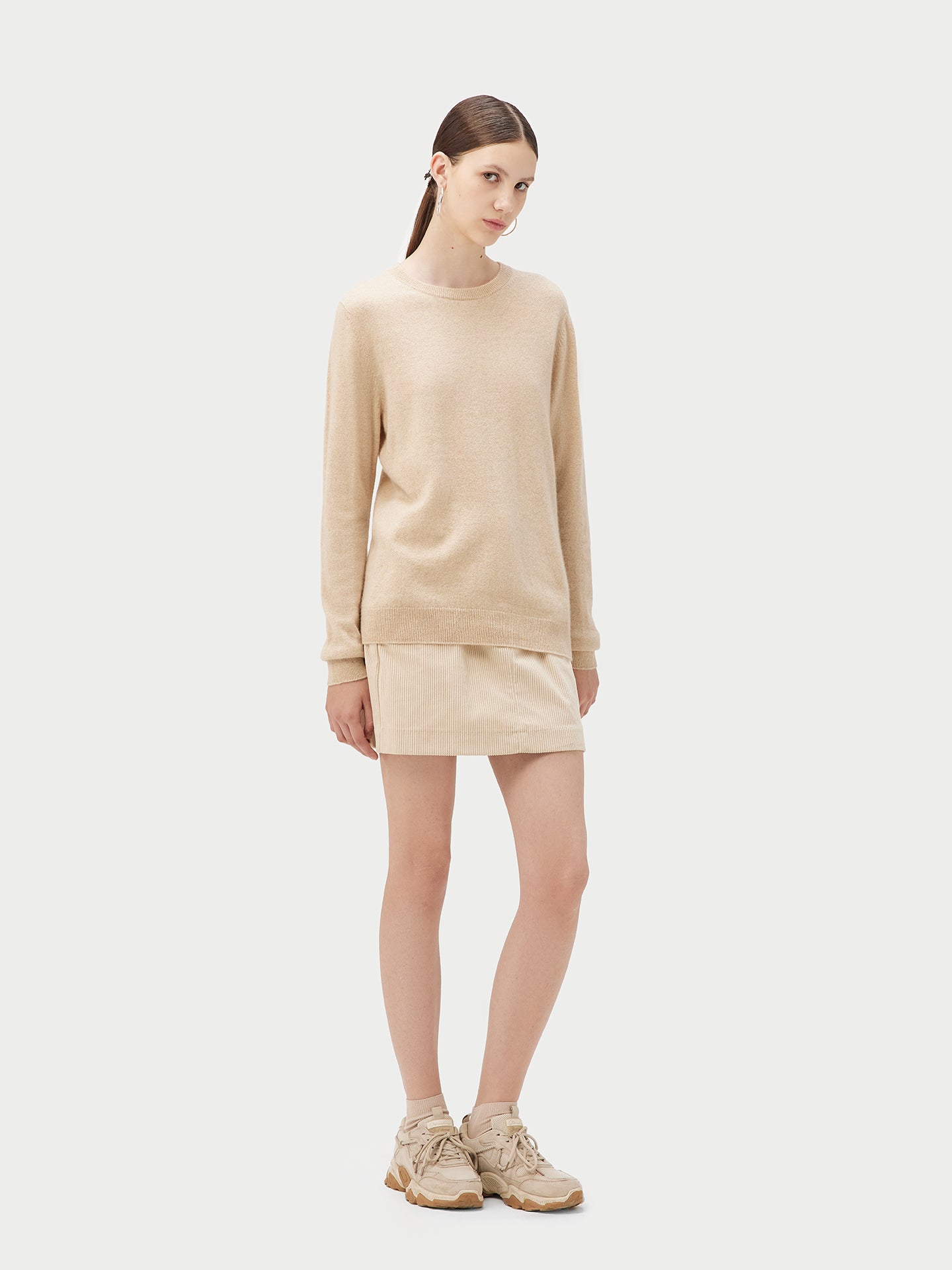 Women's Cashmere Basic Crew Neck Beige - Gobi Cashmere